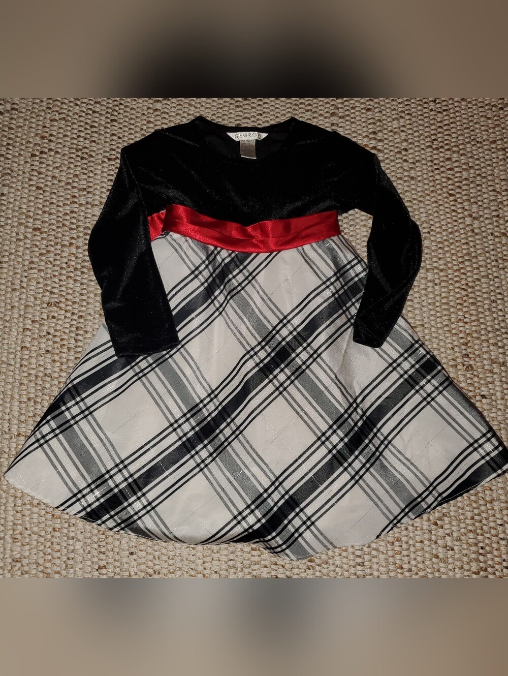 3T George Black Velvet Top with Red Sash and White Plaid Skirt Girls' Dress